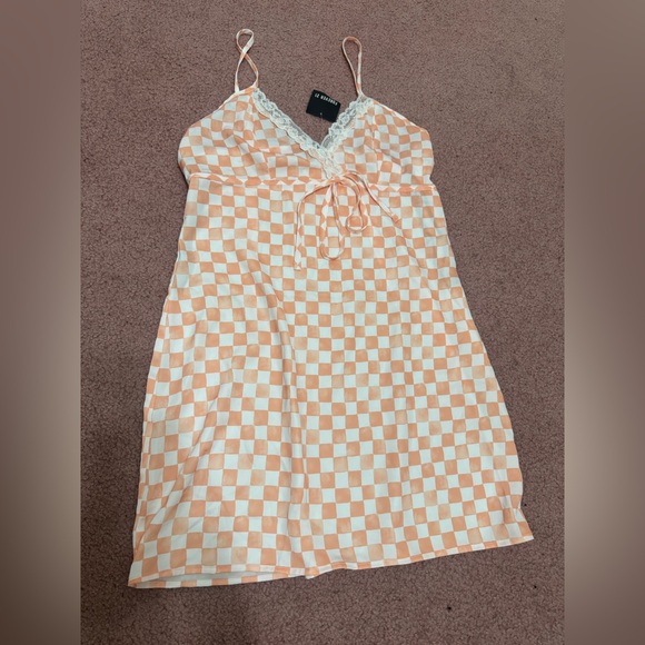 New large peach Checkerd y2k slip dress 90s emo short spaghetti strap mini - Picture 1 of 3